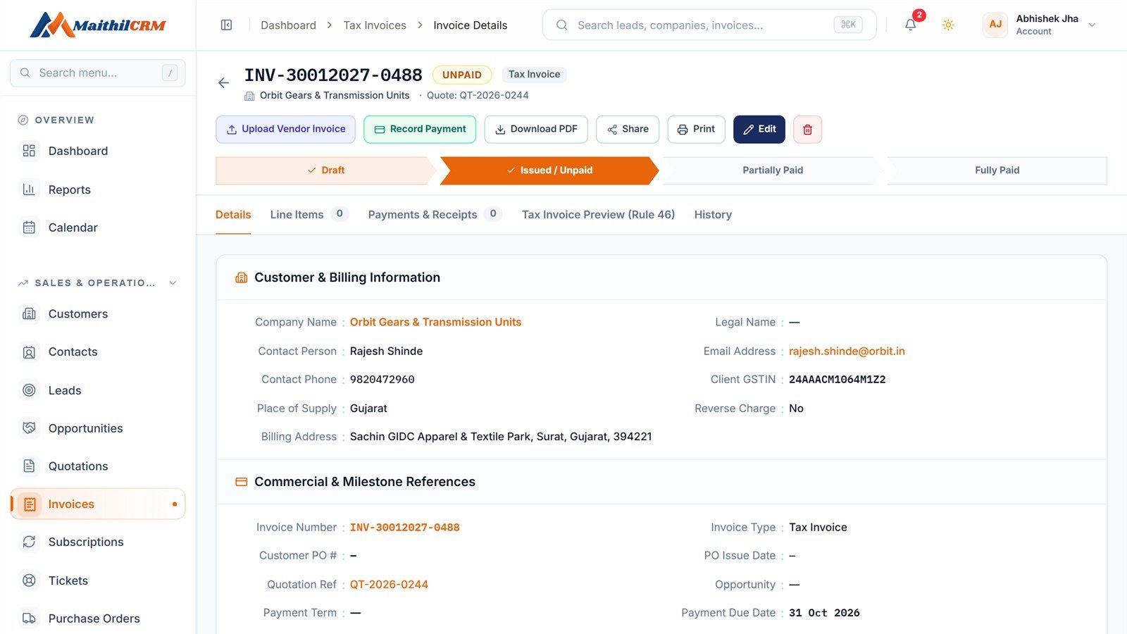 Tax invoice linked to its quotation with customer GSTIN, place of supply, billing address and payment due date