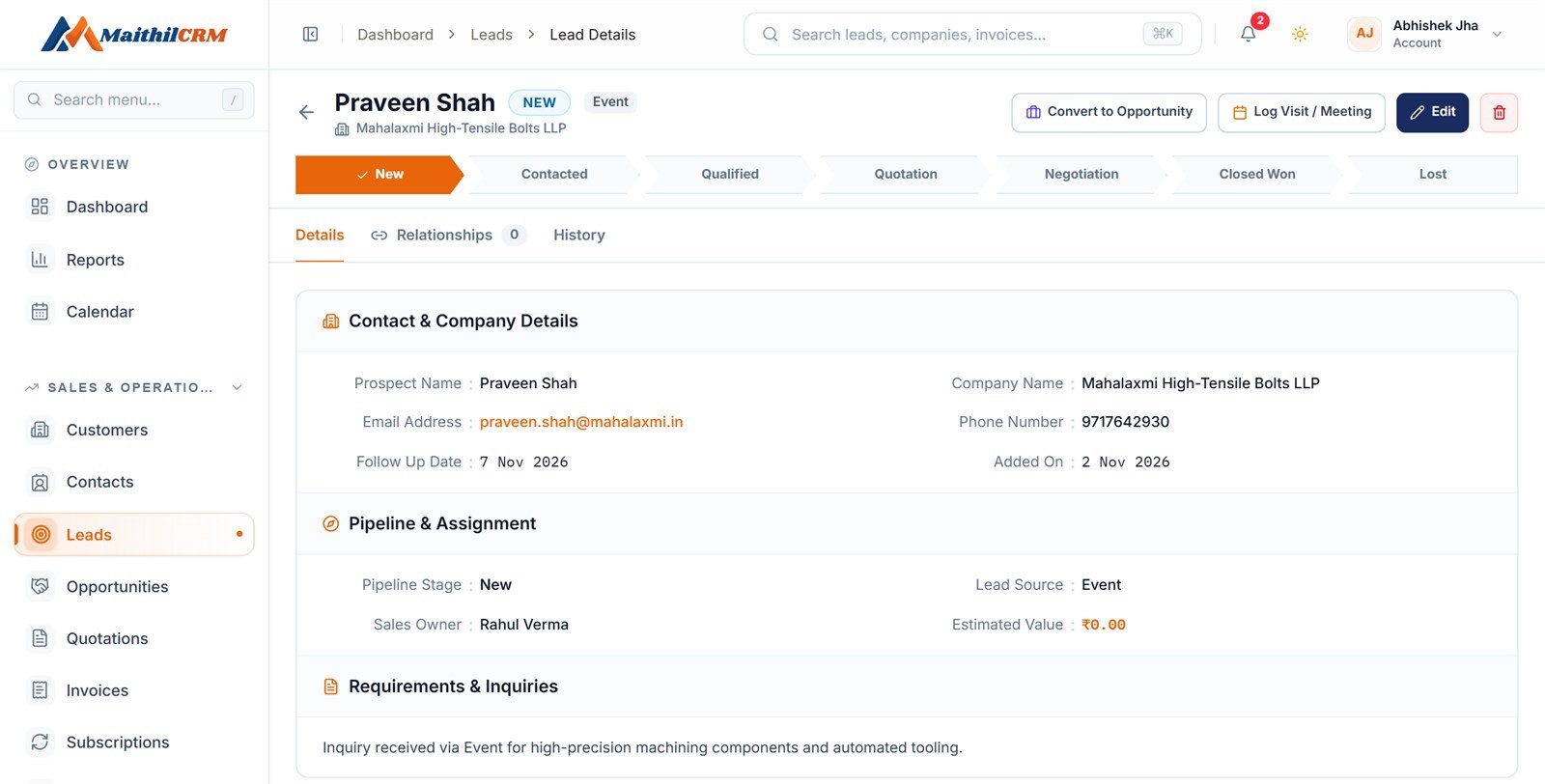 Lead record with contact details, pipeline stage, sales owner, follow-up date and the customer's requirement