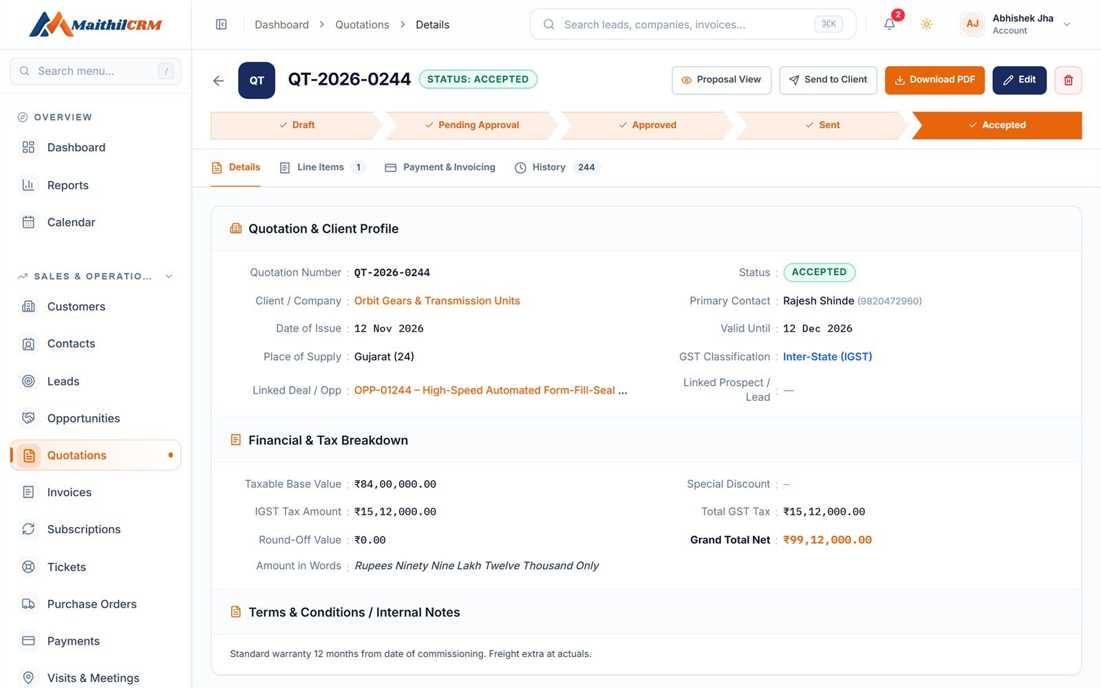 MaithilCRM quotation with GST breakdown and approval status