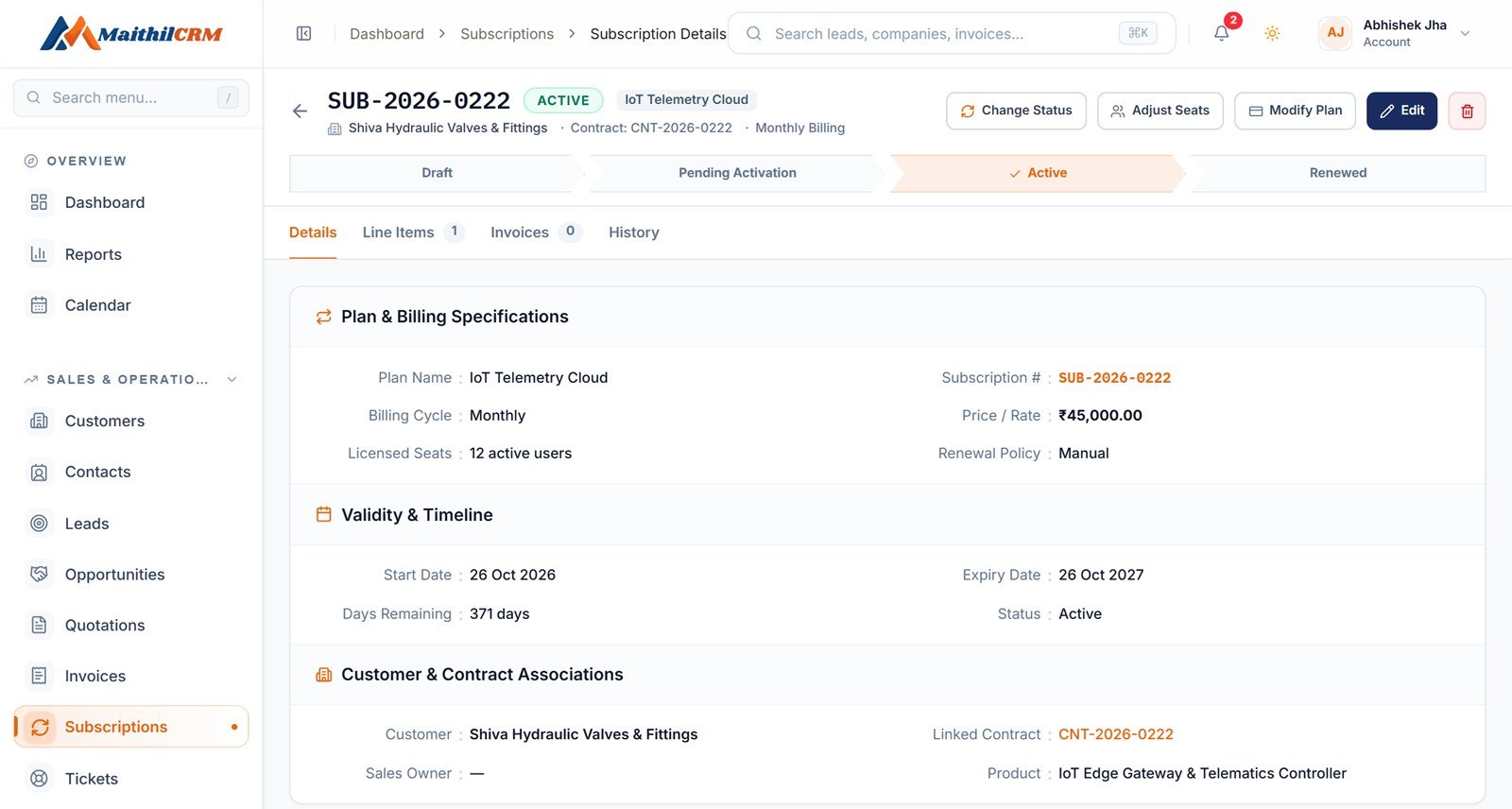 Subscription with plan, billing cycle, price, licensed seats, start and expiry dates and days remaining