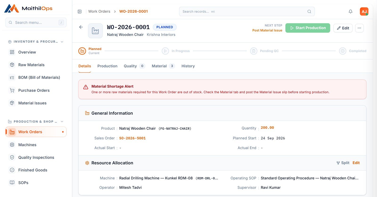 MaithilOps work order linked to its sales order, with machine, operator and status